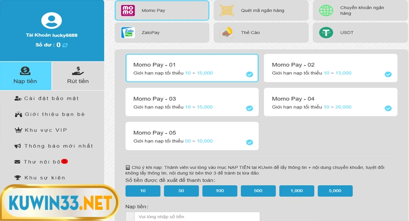 phương thức nạp tiền Kuwin qua MOMO