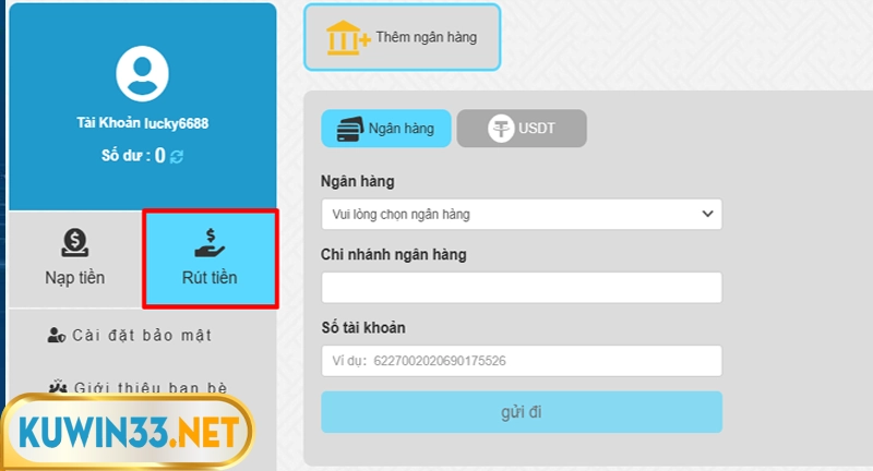 Cách rút tiền Kuwin bằng tài khoản ngân hàng